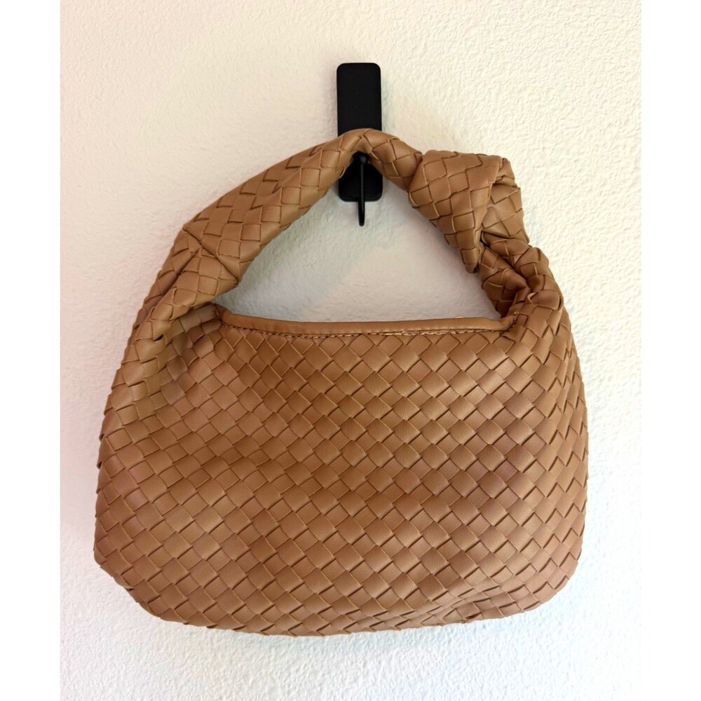 Melie Bianco Taupe Woven Knotted Handle Hobo Shoulder Handbag